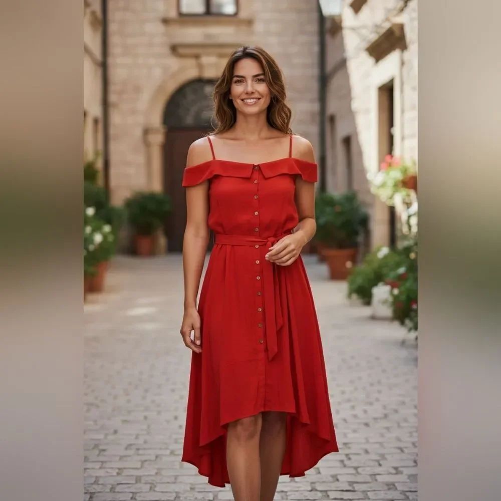 T.J.D. Red Flowy Off-the-Shoulder Belted High-Low Maxi Button Down Dress Women L